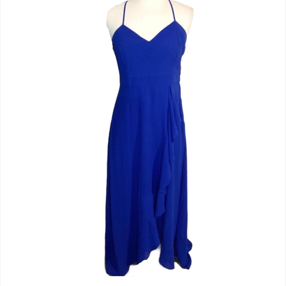 BADGLEY MISCHKA blue crossback asymmetrical dress